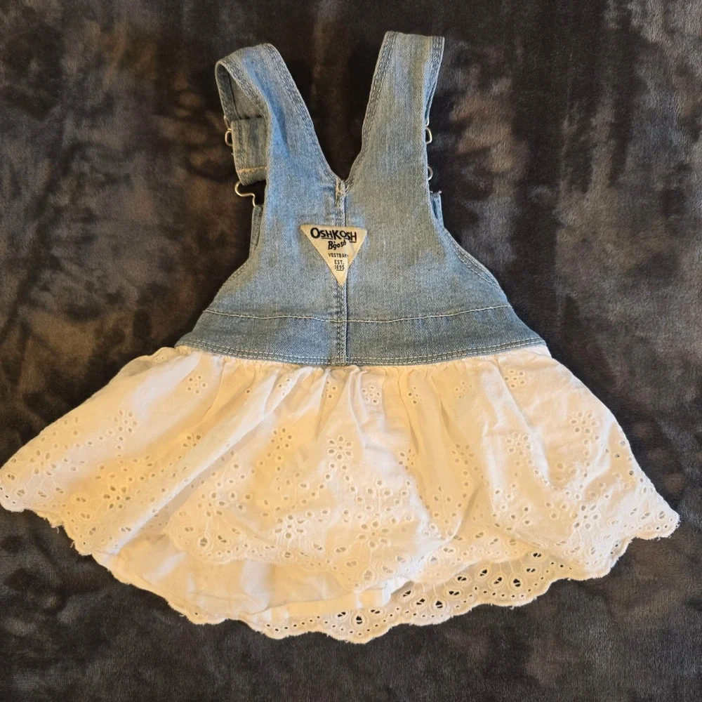 OshKosh Bgosh Baby Girl Denim Eyelet Lace Overall Dress Light Wash Blue 9M